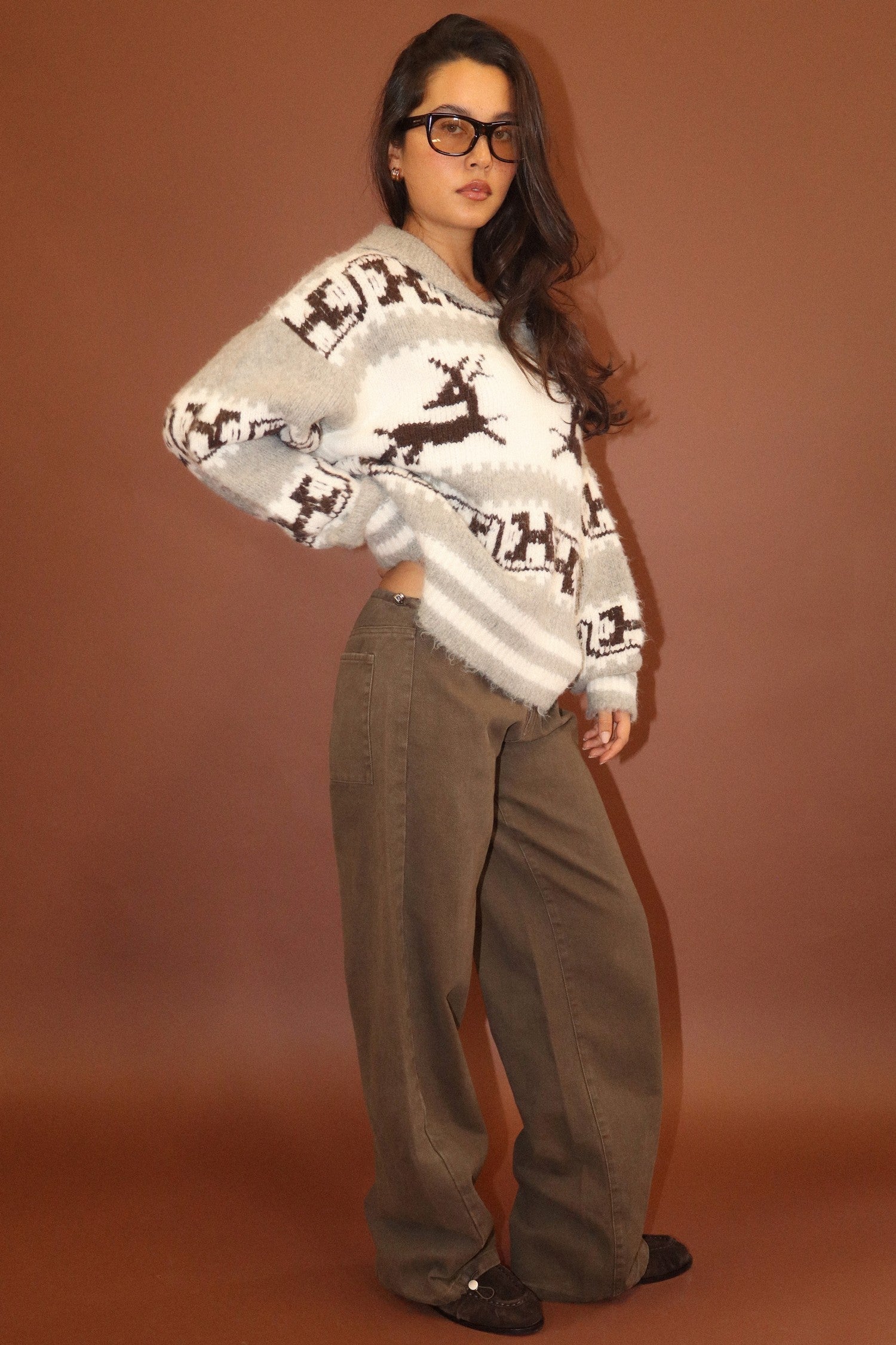 Solstice Reindeer Collared Sweater - Cream