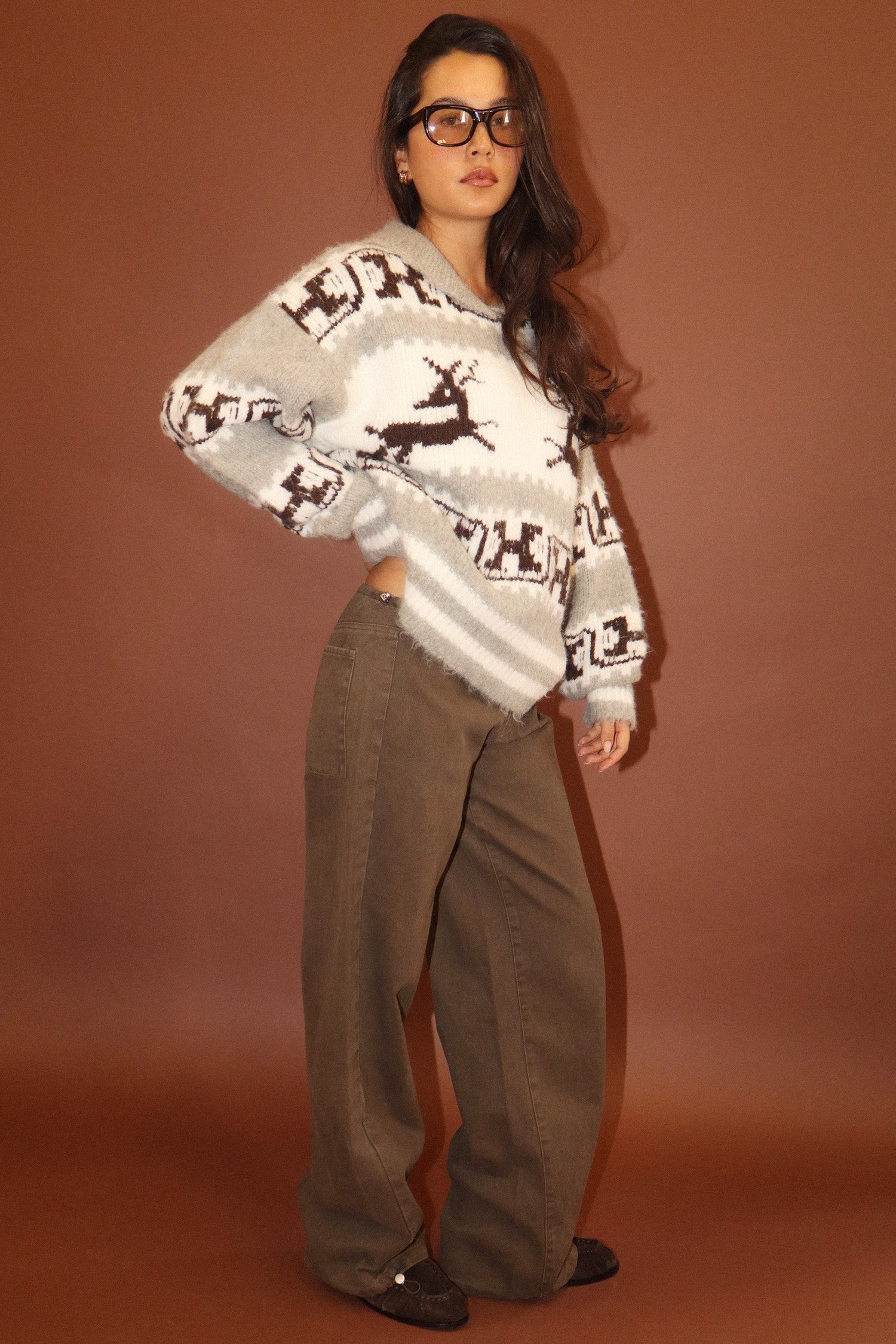 Solstice Reindeer Collared Sweater - Cream