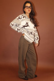 Solstice Reindeer Collared Sweater - Cream