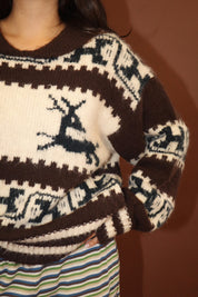 Solstice Reindeer Collared Sweater - Oat Grey