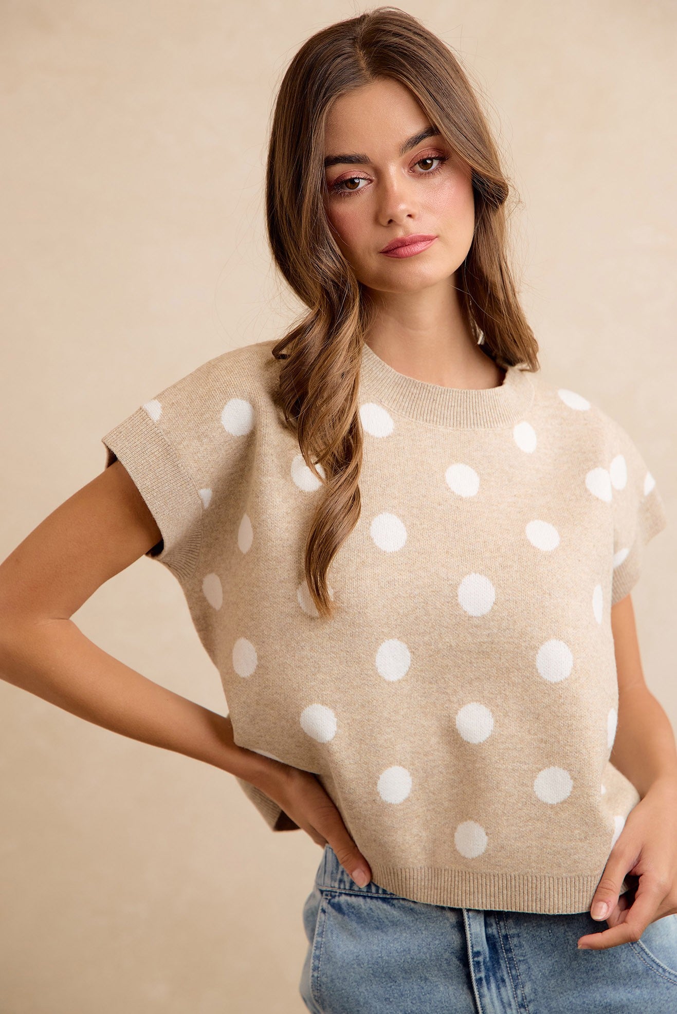 Spare Change Polka Dot Sweater Vest - Beige Ivory