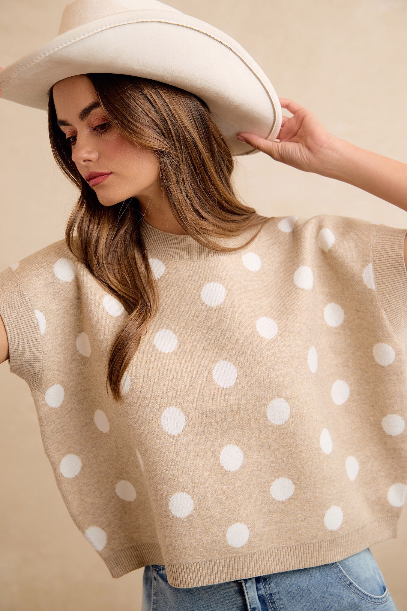 Spare Change Polka Dot Sweater Vest - Beige Ivory