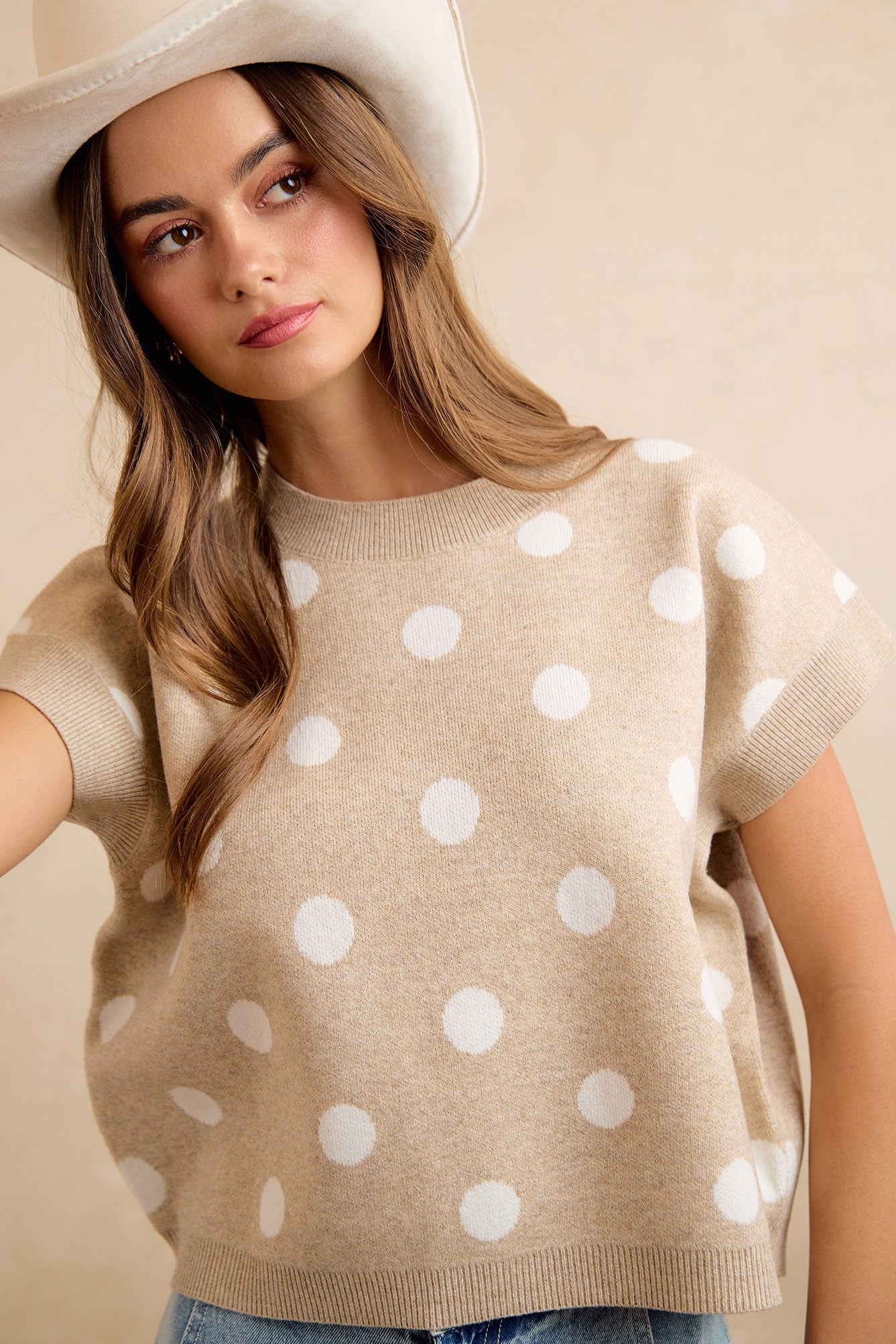 Spare Change Polka Dot Sweater Vest - Beige Ivory