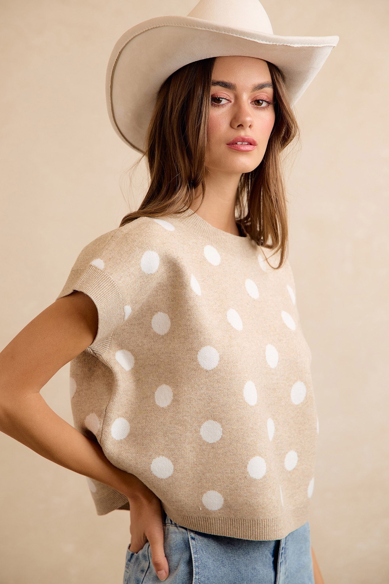 Spare Change Polka Dot Sweater Vest - Beige Ivory