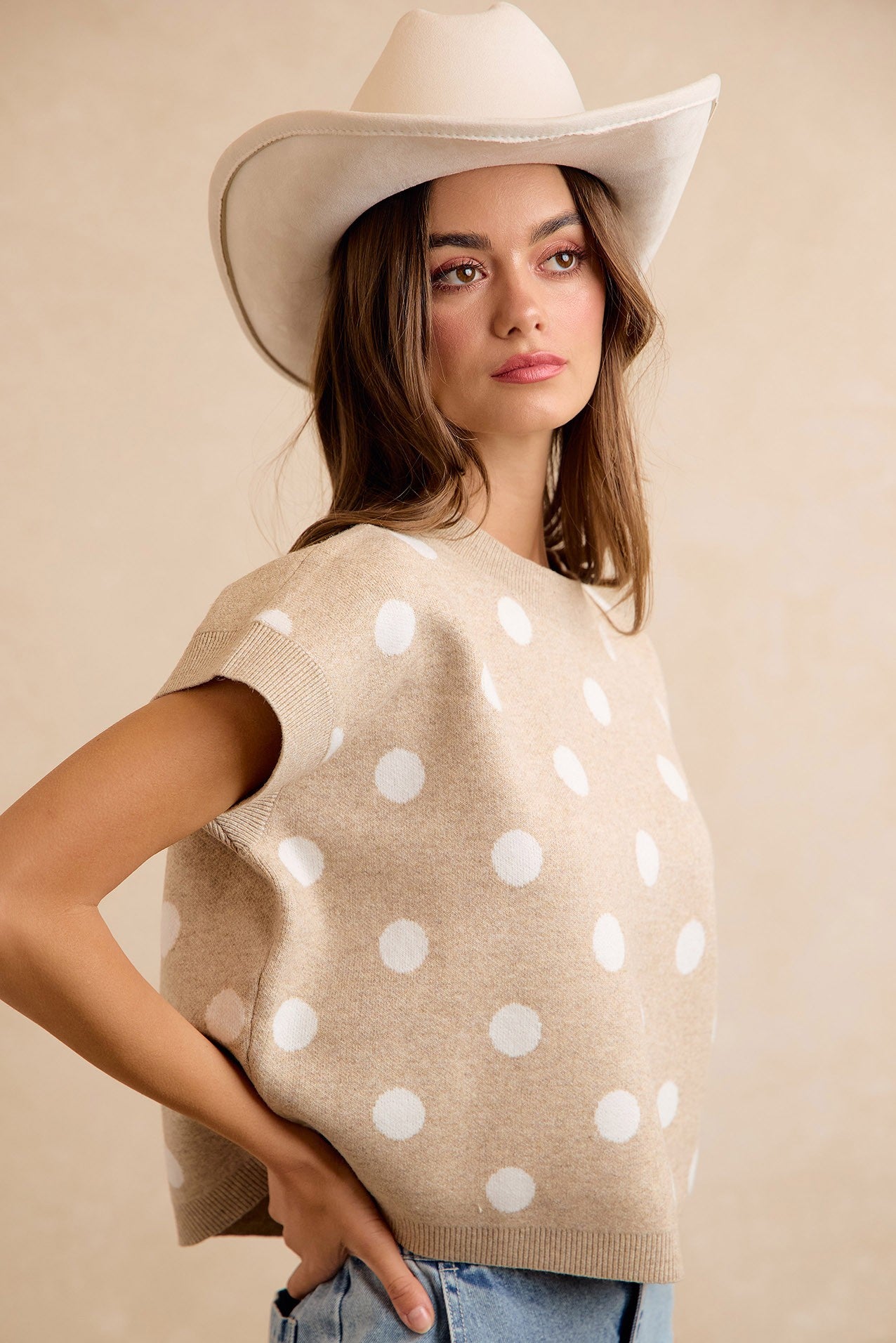 Spare Change Polka Dot Sweater Vest - Beige Ivory