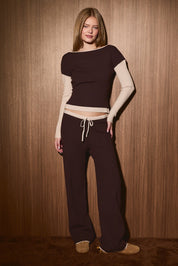 Split Decision Contrast Trim Knit Pants - Brown Cream