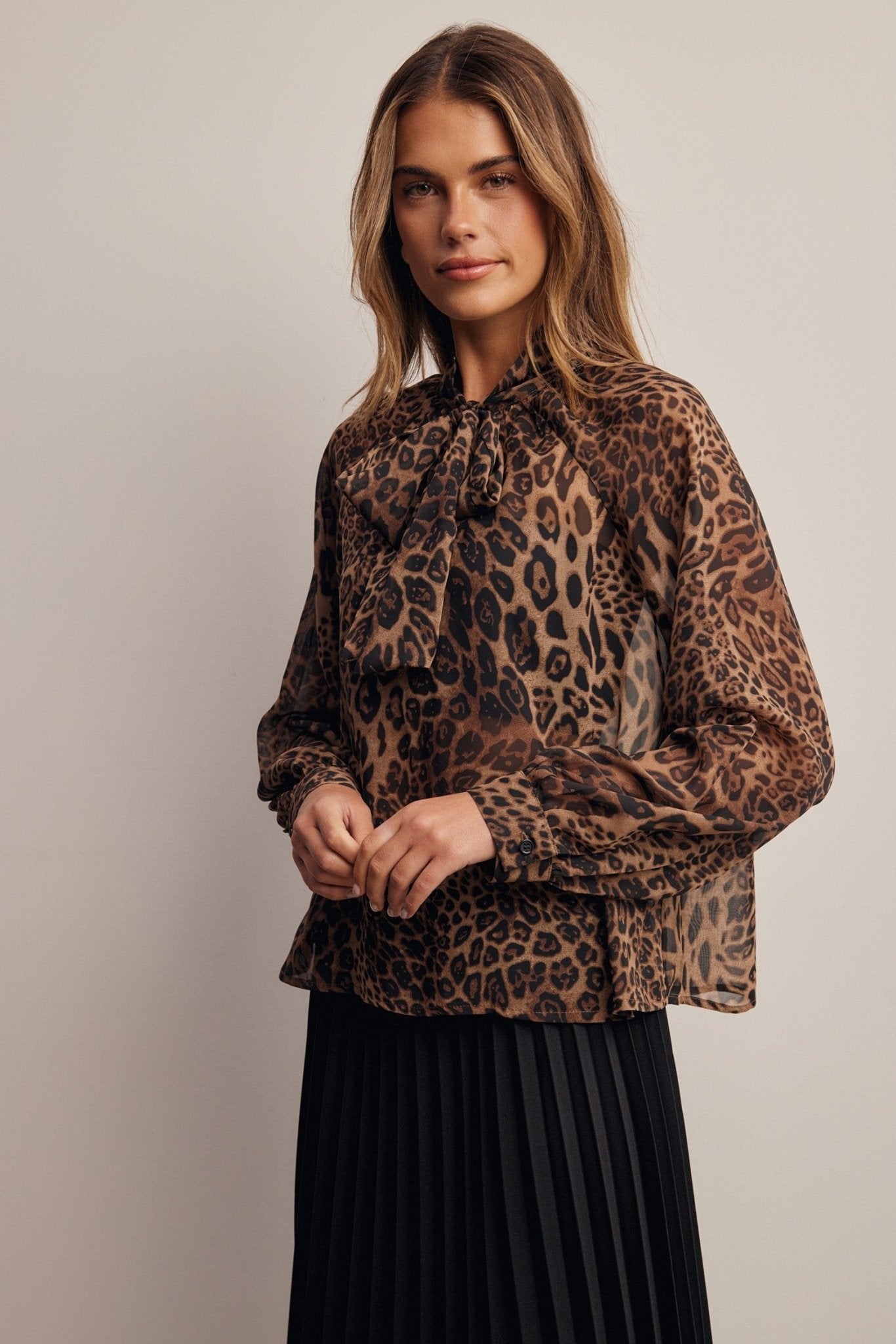 Spotted Hour Leopard Tie Neck Blouse - Westly