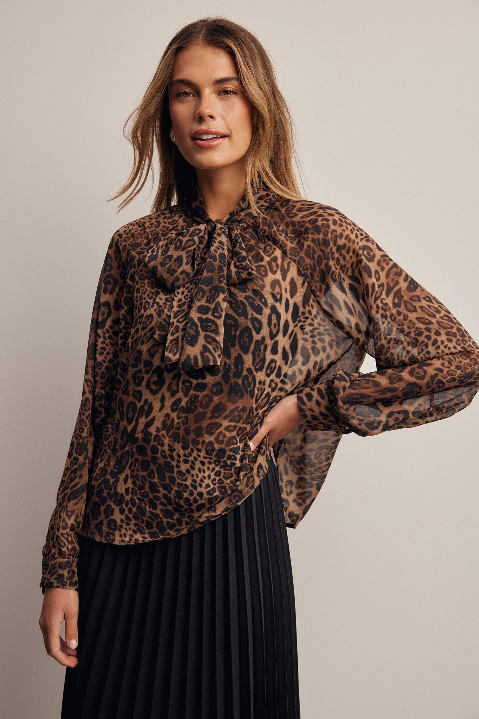 Spotted Hour Leopard Tie Neck Blouse in Leopard, photo 6