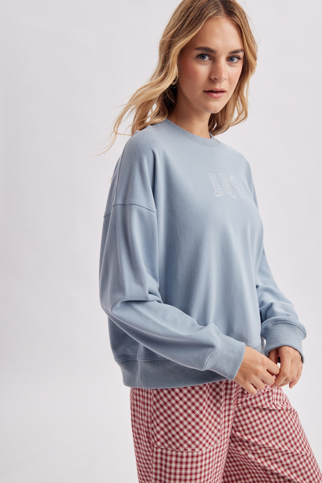 Spur Trail Boots Graphic Sweatshirt - M Blue Cream