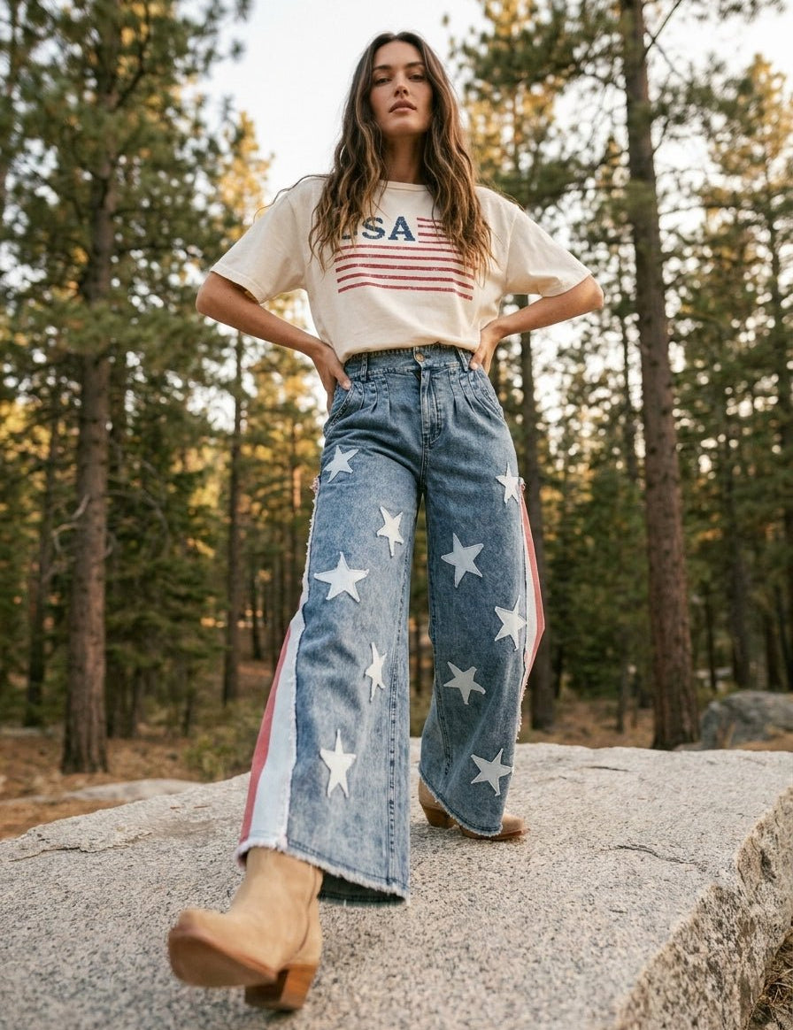 Stars & Stripes Patchwork Denim Pants - Westly
