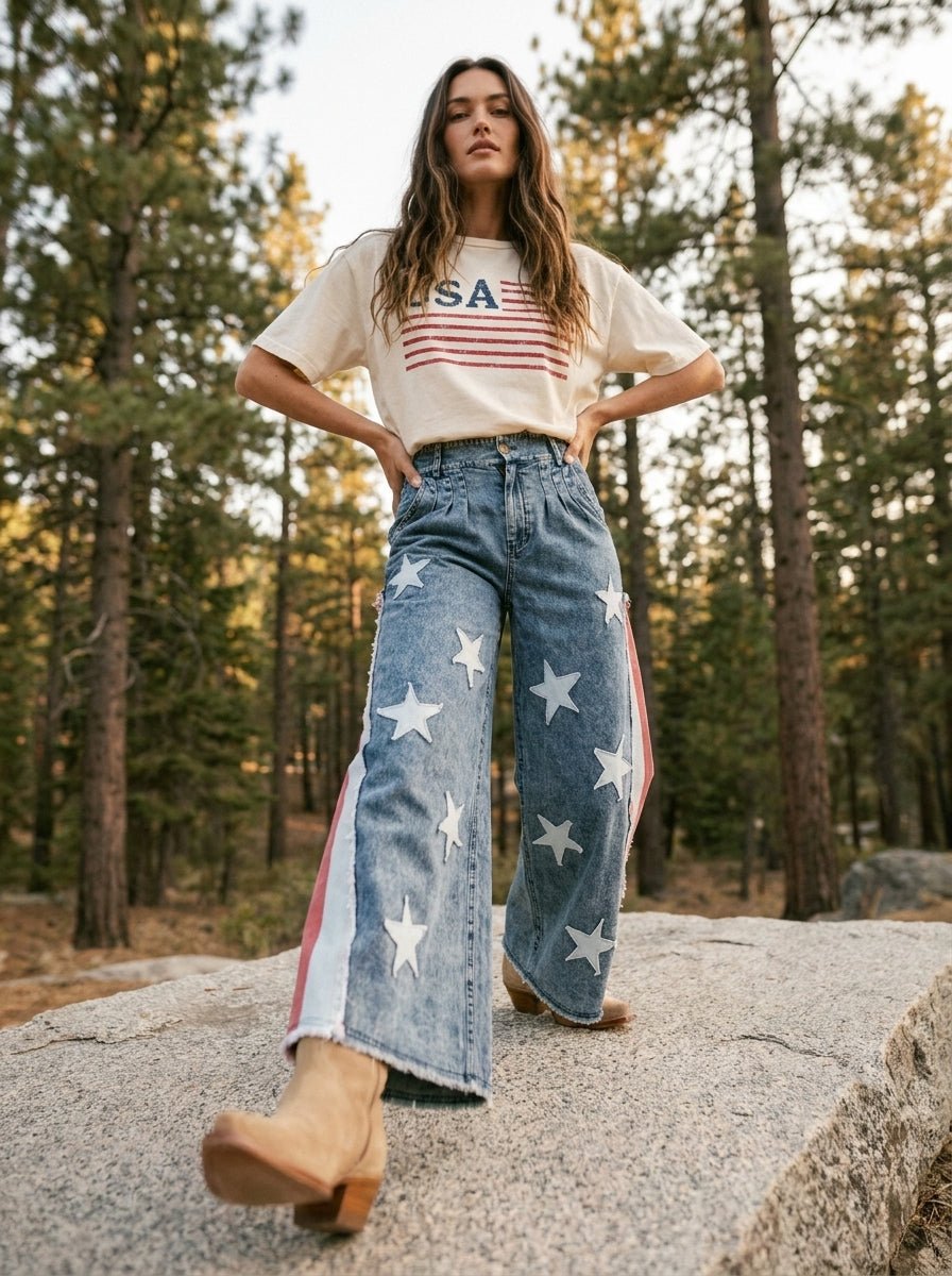 Stars & Stripes Patchwork Denim Pants - Westly