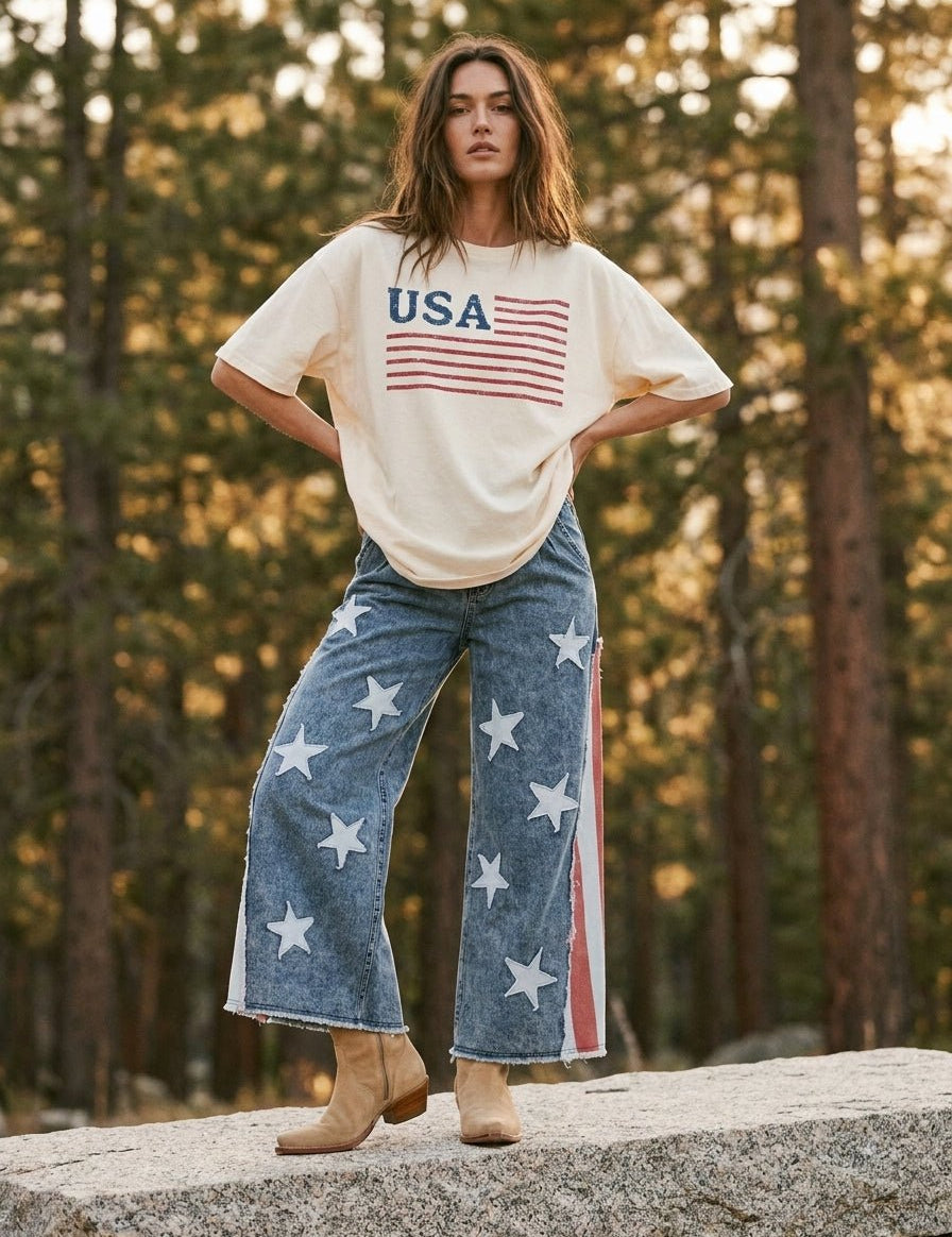 Stars & Stripes Patchwork Denim Pants - Westly