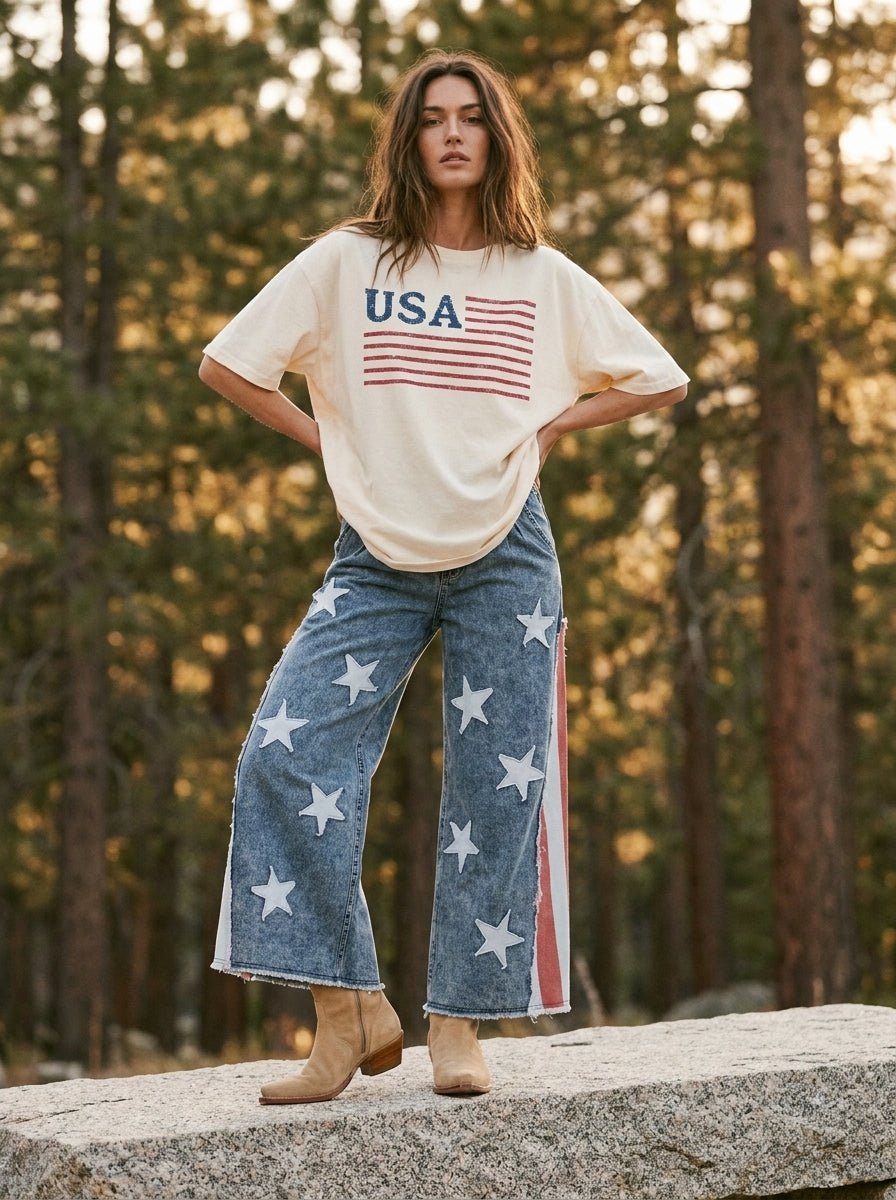 Stars & Stripes Patchwork Denim Pants - Westly