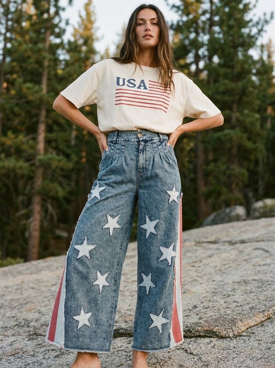 Stars & Stripes Patchwork Denim Pants - Westly