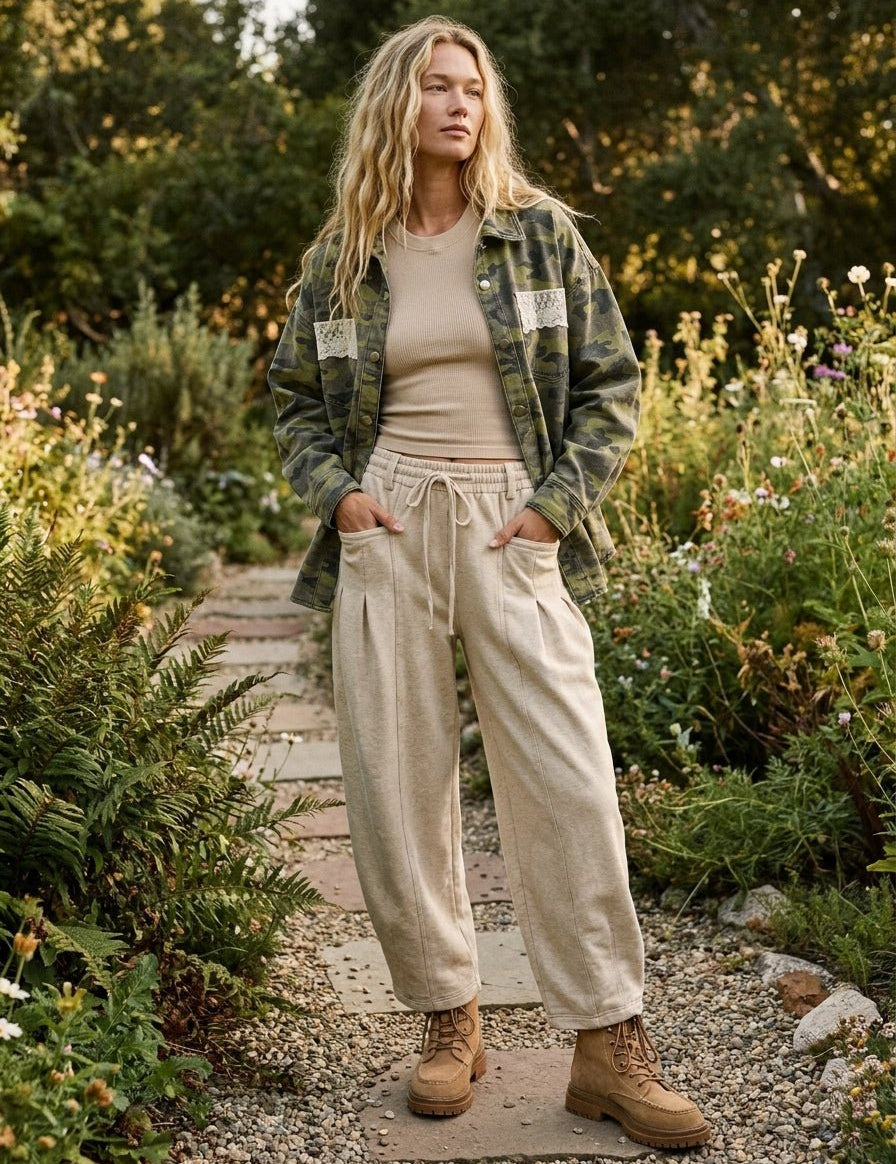 Stevie Washed Camo Shacket With Lace Trim - Westly