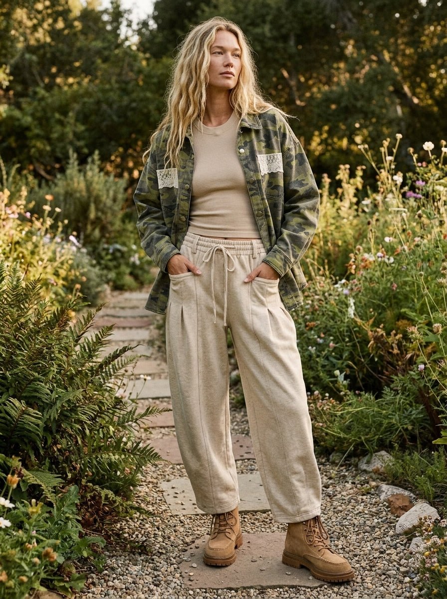 Stevie Washed Camo Shacket With Lace Trim - Westly