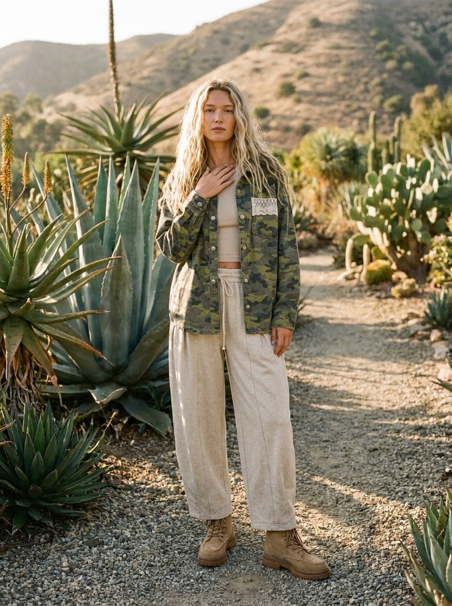 Stevie Washed Camo Shacket With Lace Trim - Westly