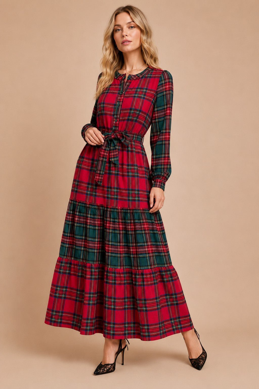 Stirling Mixed Plaid Tiered Maxi Dress - Westly