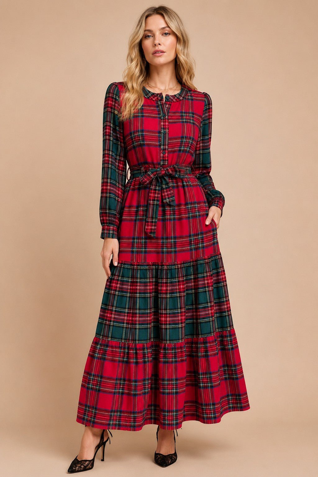 Stirling Mixed Plaid Tiered Maxi Dress - Westly