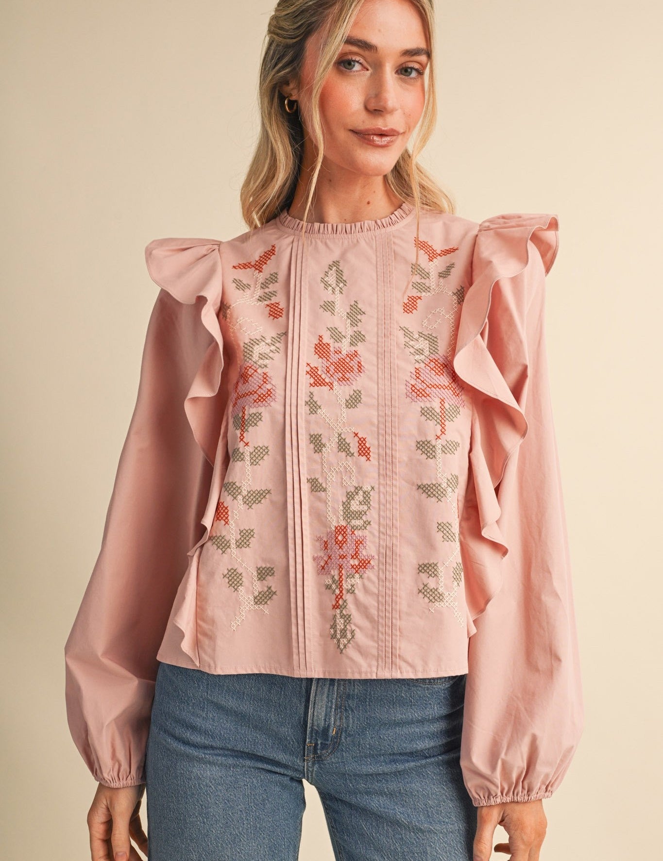 Stitch in Time Floral Cross Stitch Ruffle Top - Westly