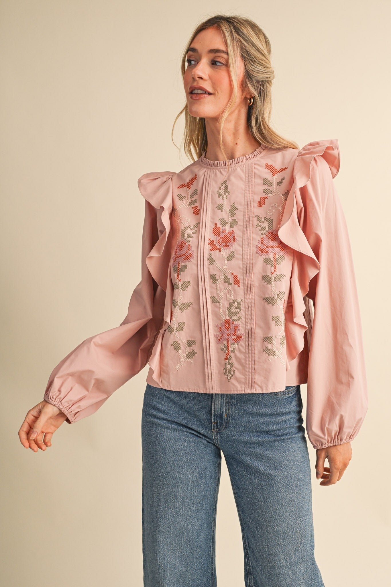 Stitch in Time Floral Cross Stitch Ruffle Top - Westly
