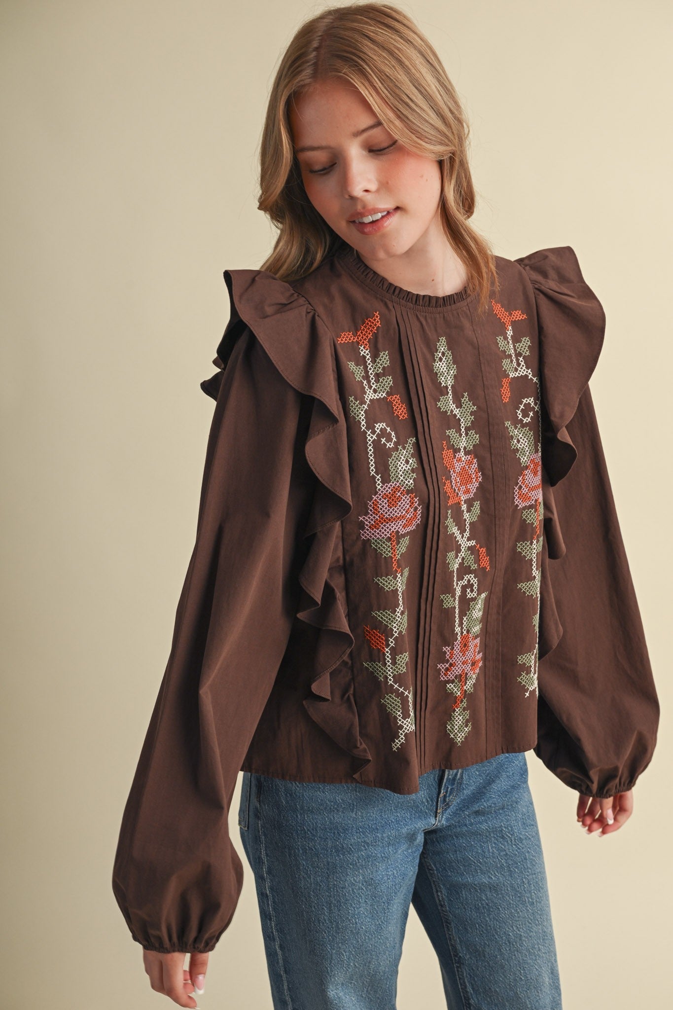 Stitch in Time Floral Cross Stitch Ruffle Top - Westly