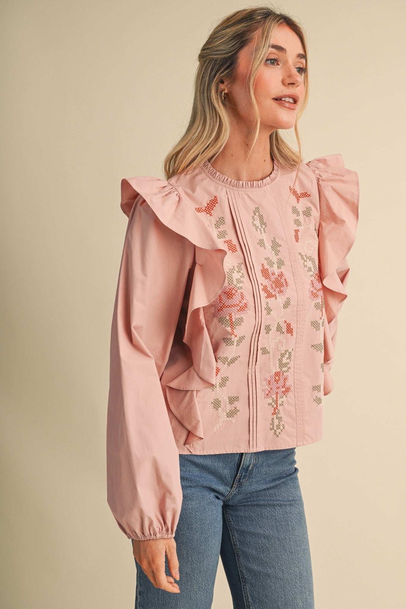 Stitch in Time Floral Cross Stitch Ruffle Top - Westly