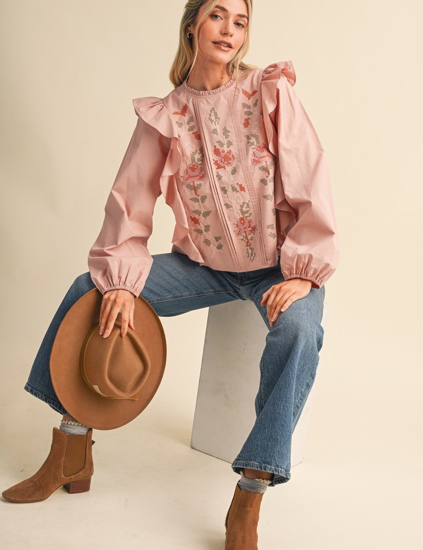 Stitch in Time Floral Cross Stitch Ruffle Top - Westly