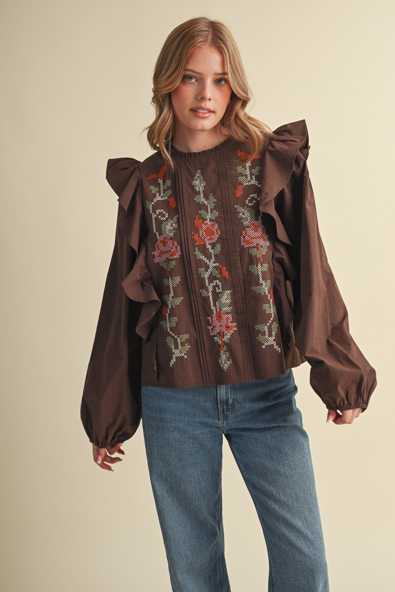 Stitch in Time Floral Cross Stitch Ruffle Top - Westly