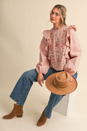 Stitch in Time Floral Cross Stitch Ruffle Top - Westly