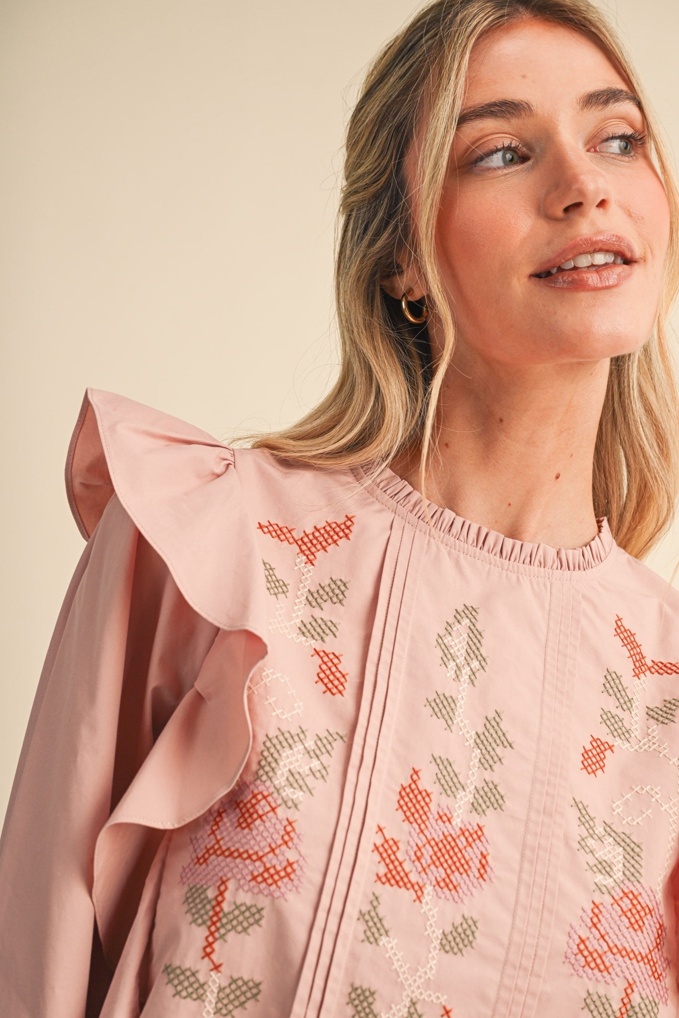Stitch in Time Floral Cross Stitch Ruffle Top - Westly