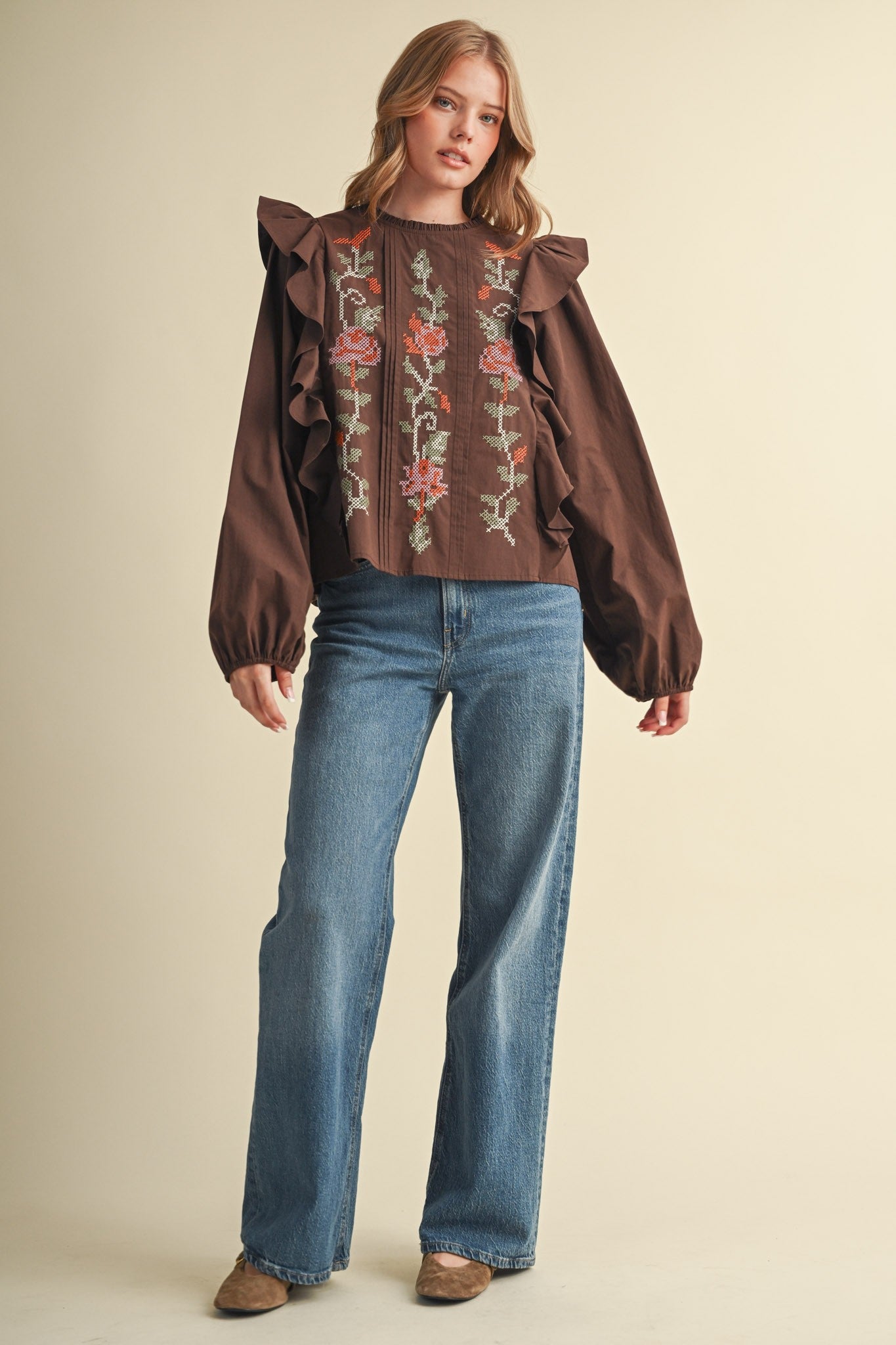 Stitch in Time Floral Cross Stitch Ruffle Top - Westly
