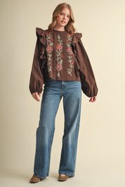 Stitch in Time Floral Cross Stitch Ruffle Top - Westly