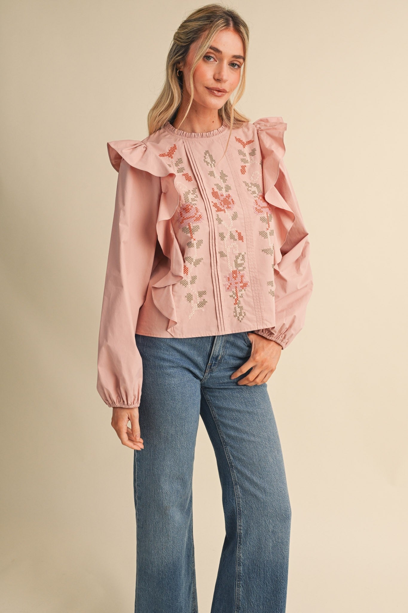 Stitch in Time Floral Cross Stitch Ruffle Top - Westly