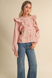 Stitch in Time Floral Cross Stitch Ruffle Top - Westly