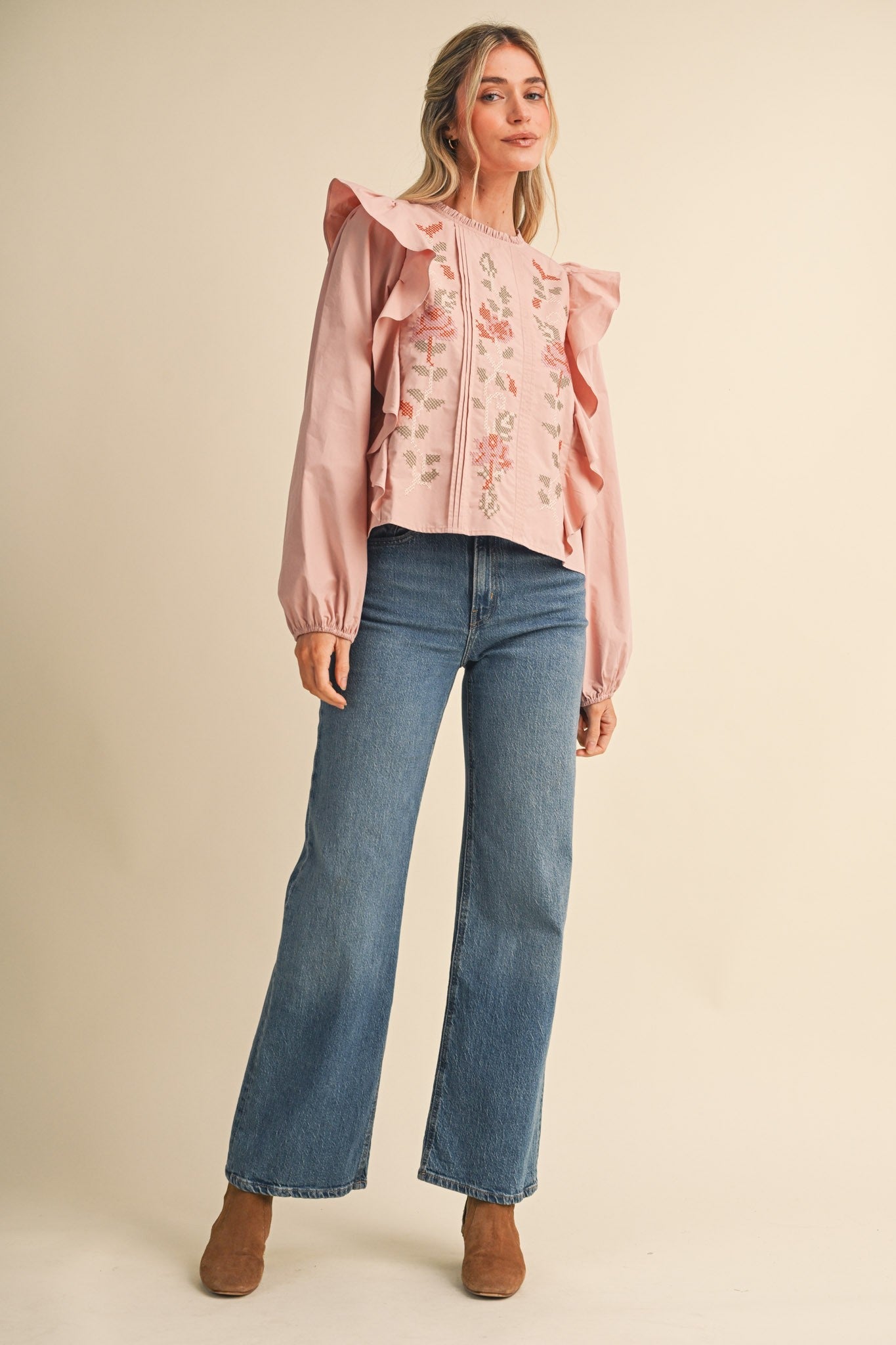 Stitch in Time Floral Cross Stitch Ruffle Top - Westly