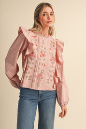 Stitch in Time Floral Cross Stitch Ruffle Top - Westly