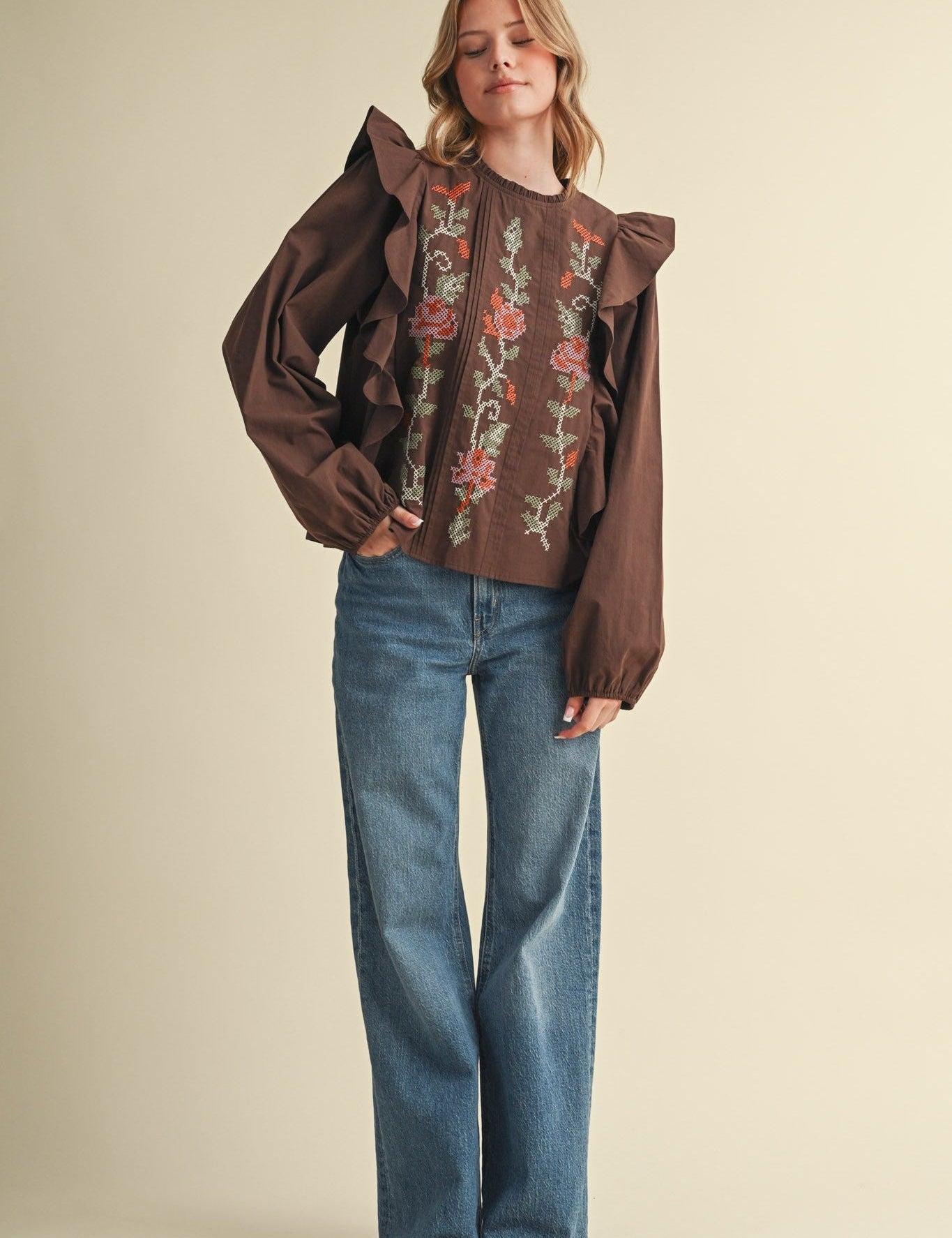 Stitch in Time Floral Cross Stitch Ruffle Top - Westly