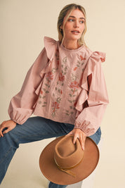 Stitch in Time Floral Cross Stitch Ruffle Top - Westly