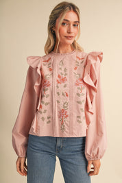 Stitch in Time Floral Cross Stitch Ruffle Top in Dusty Rose, photo 1