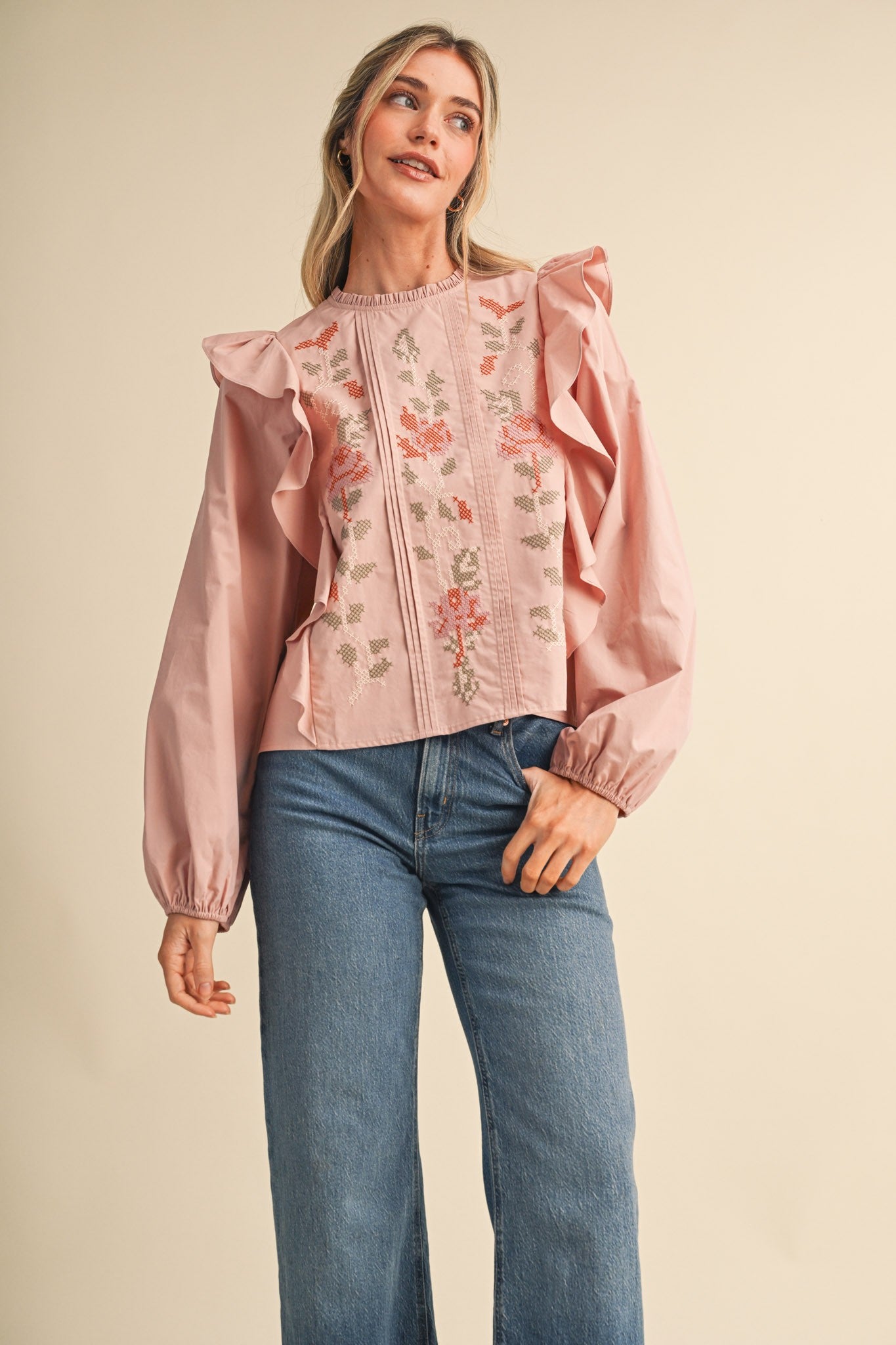 Stitch in Time Floral Cross Stitch Ruffle Top in Dusty Rose, photo 2