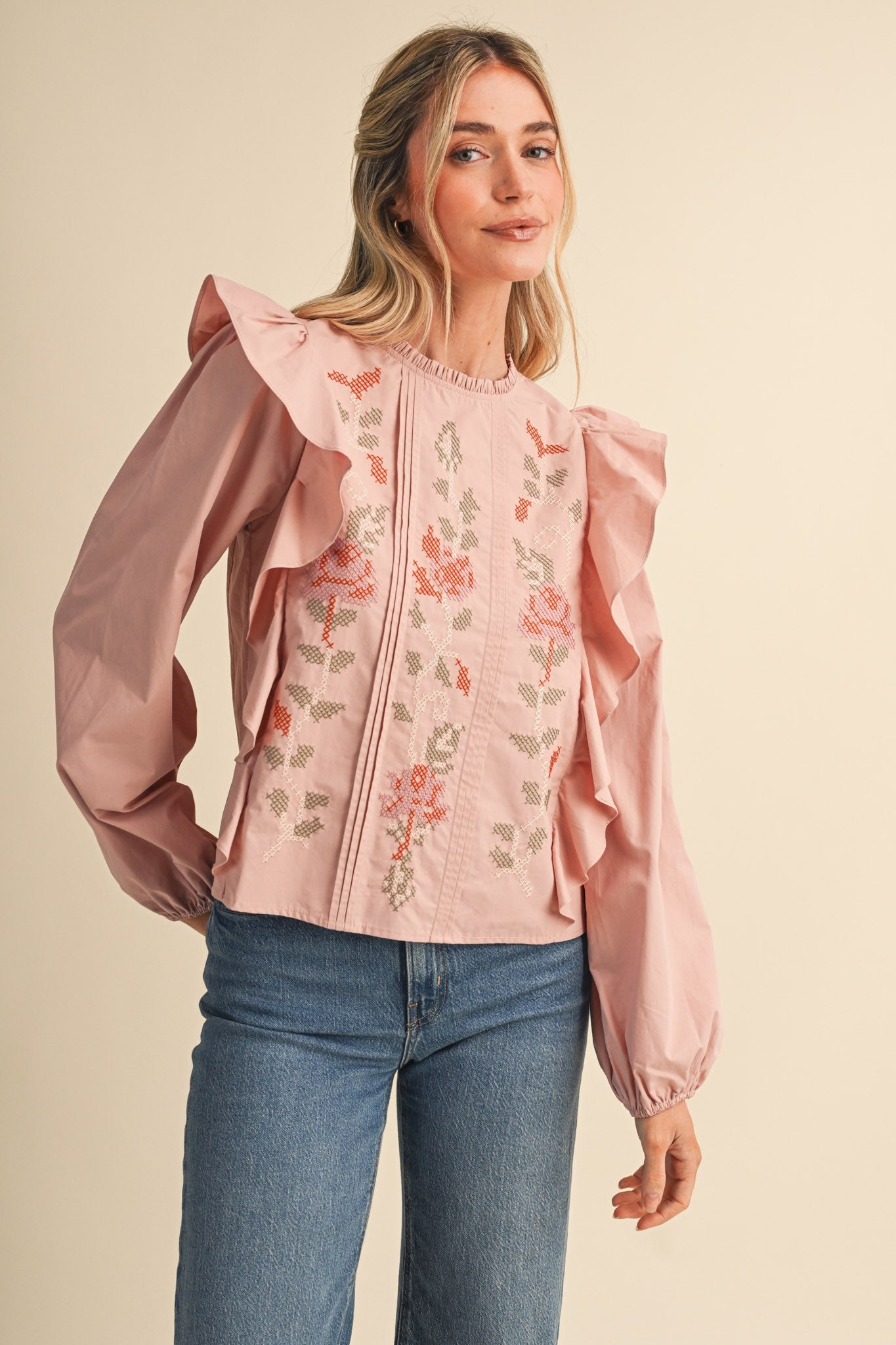 Stitch in Time Floral Cross Stitch Ruffle Top in Dusty Rose, photo 3