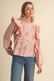 Stitch in Time Floral Cross Stitch Ruffle Top in Dusty Rose, photo 3