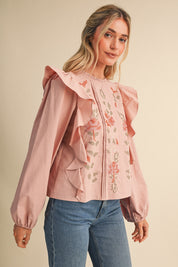 Stitch in Time Floral Cross Stitch Ruffle Top in Dusty Rose, photo 4