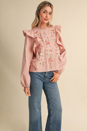 Stitch in Time Floral Cross Stitch Ruffle Top in Dusty Rose, photo 6