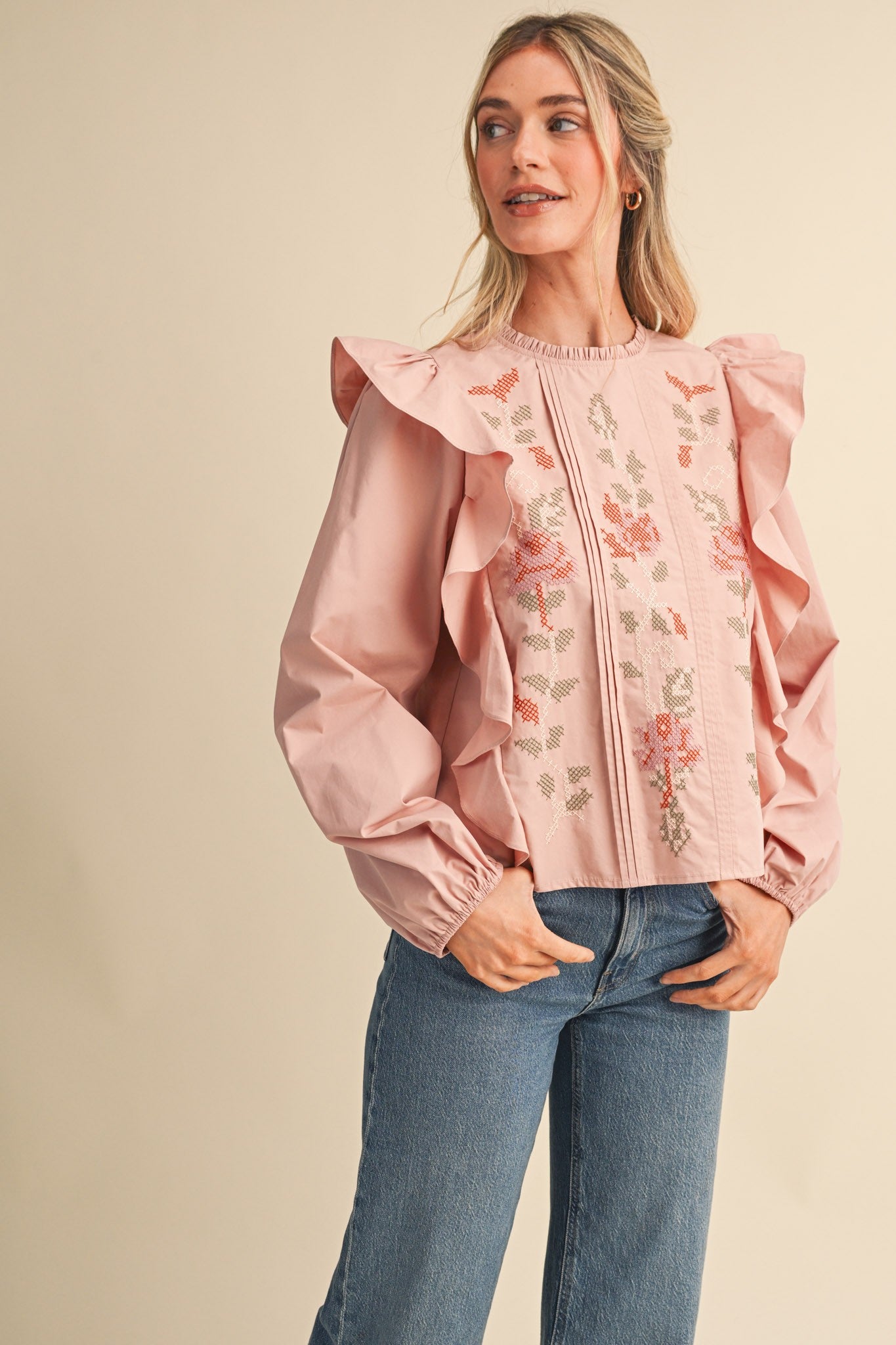Stitch in Time Floral Cross Stitch Ruffle Top in Dusty Rose, photo 7