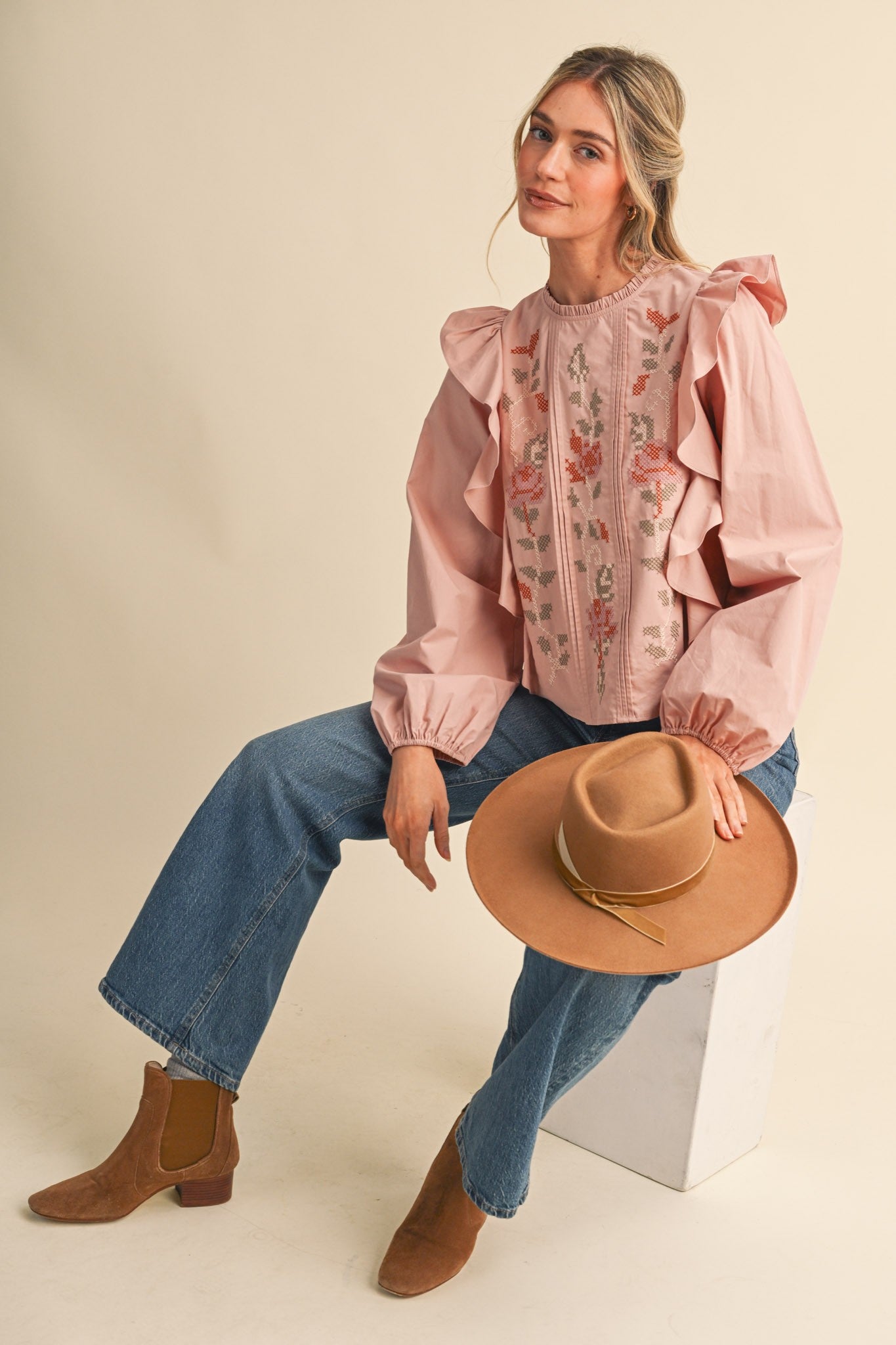 Stitch in Time Floral Cross Stitch Ruffle Top in Dusty Rose, photo 12