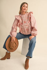 Stitch in Time Floral Cross Stitch Ruffle Top in Dusty Rose, photo 13