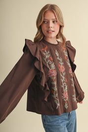 Stitch in Time Floral Cross Stitch Ruffle Top in Espresso Bloom, photo 1