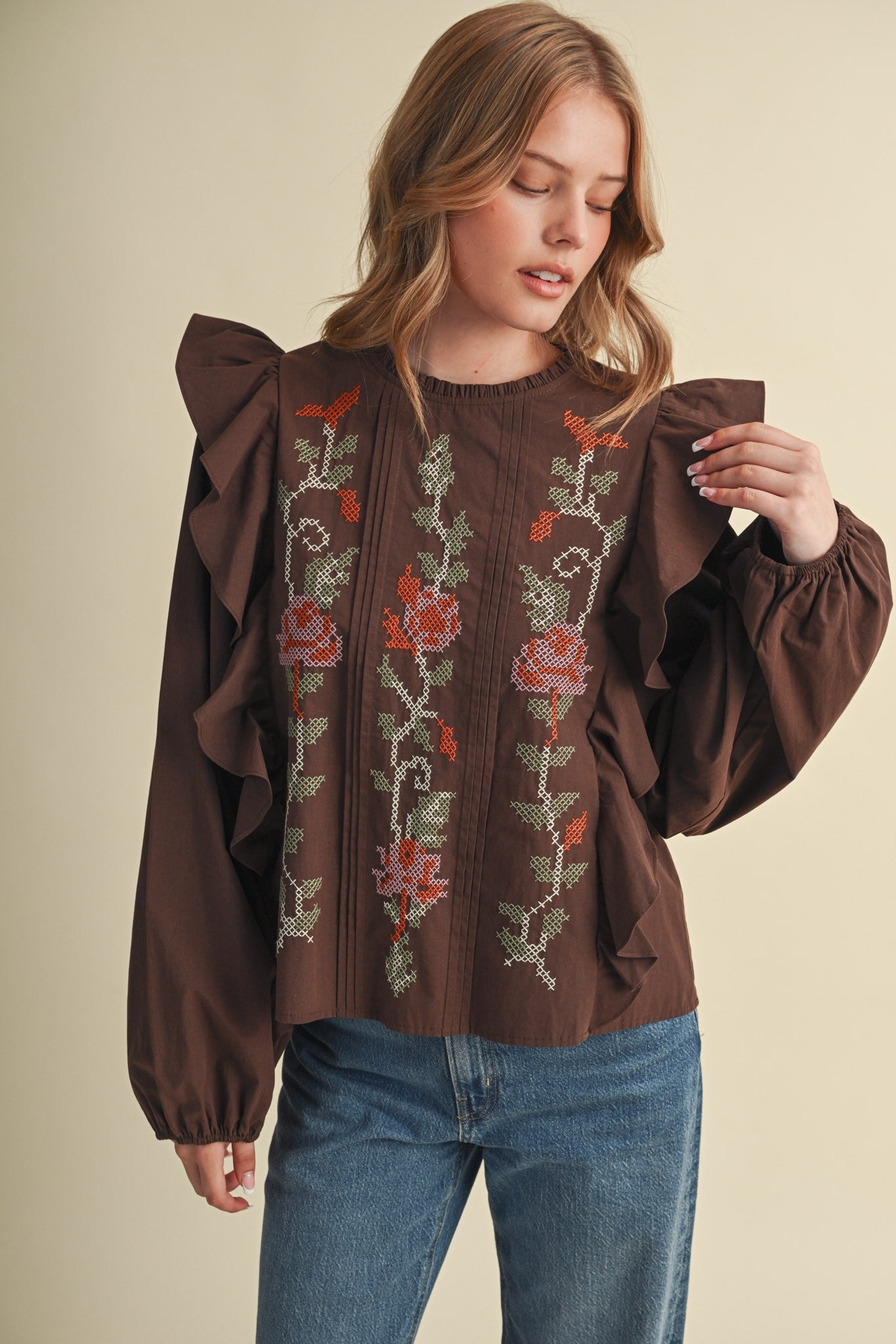 Stitch in Time Floral Cross Stitch Ruffle Top in Espresso Bloom, photo 3